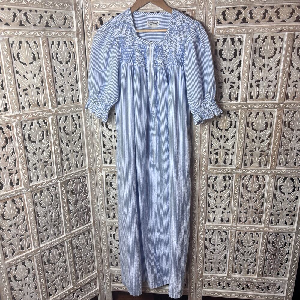 1970s Vintage Styled by Saybury Blue Seersucker Nightgown House Dress Size S